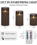 Grey Flameless Pillar Candles With Remote Control And Timer Battery Operated LED Candles Featuring Realistic 3D Flame, 3 sizes, remote shown