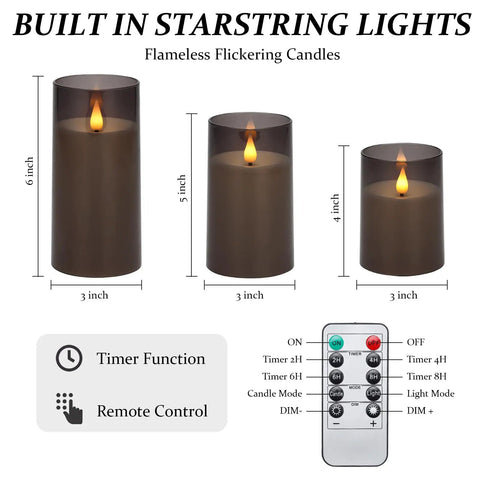 Grey Flameless Pillar Candles With Remote Control And Timer Battery Operated LED Candles Featuring Realistic 3D Flame, 3 sizes, remote shown
