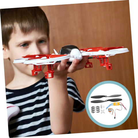 Child holding RC plane with inset showing Pro RC Hobbyist Gear Pack Electronic Speed Controller And Screw Propellers With Aircraft Tools.