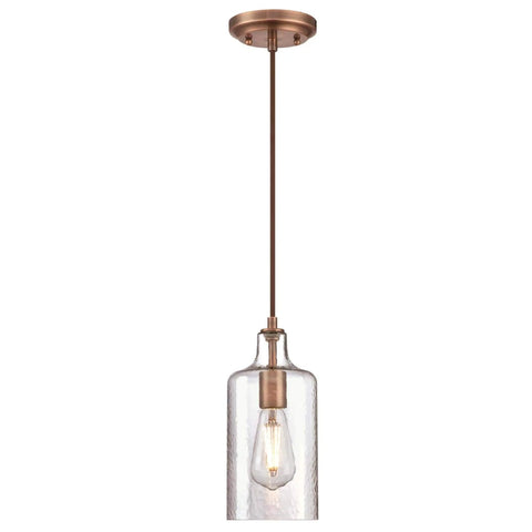 Washed Copper Sleek One Light Mini Pendant With Clear Textured Glass Shade, Indoor Lighting For Kitchen Island Or Living Room