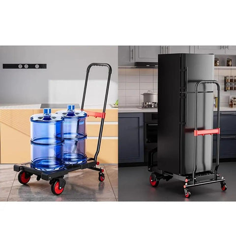 Compact Portable Flatbed Hand Truck Dolly For Home Moving And Hauling Of Luggage Boxes Groceries And More With Foldable Flatbed And Trolley Modes Lightweight Alloy Frame And Easy Lift Handle Hauls Like A Boss, shown with water jugs and a fridge