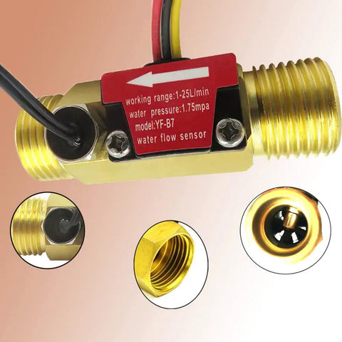 All In One Water Flow Totalizer And Flow Meter With Digital LCD Display And Hall Effect Sensor For Half Inch Pipe Tracks 1 To 25 Liters Per Minute And Total Water Use In Liters Or Gallons Temperature Readout In Celsius Or Fahrenheit, showing brass fittings and sensor parts.
