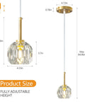 Detailed view of Mini Crystal Gold Pendant Lights 3 Pack for Kitchen Island Modern Adjustable Chandeliers with sizes and clear K9 crystals.