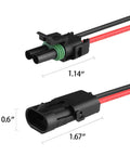 Heavy Duty 14AWG Waterproof Weather Pack Wire Harness Connector Kit With 3 Sets Of 2 Pin Connectors Pre Crimped 10cm Tinned Copper Leads PA66 Nylon Housing 0.24 Inch Hole Operating From Minus 40C To 125C, 2-pin waterproof connector with 0.6 in and 1.67 in dimensions
