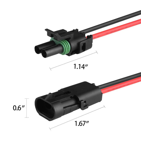 Heavy Duty 14AWG Waterproof Weather Pack Wire Harness Connector Kit With 3 Sets Of 2 Pin Connectors Pre Crimped 10cm Tinned Copper Leads PA66 Nylon Housing 0.24 Inch Hole Operating From Minus 40C To 125C, 2-pin waterproof connector with 0.6 in and 1.67 in dimensions