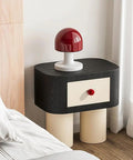 Bold Red Ceramic Dresser Knobs Six Pack Smooth Drawer Pulls styled on modern nightstand with a red lamp and white linens.
