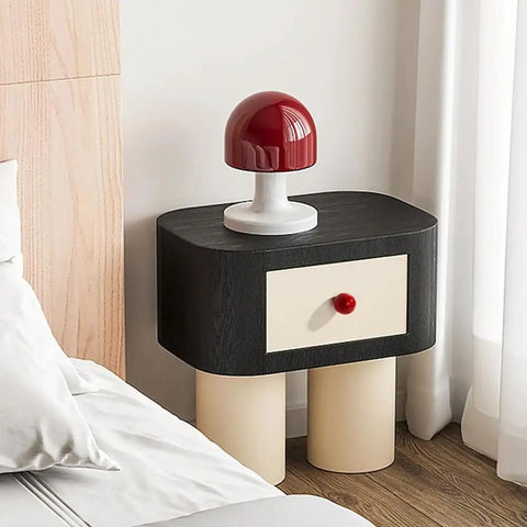Bold Red Ceramic Dresser Knobs Six Pack Smooth Drawer Pulls styled on modern nightstand with a red lamp and white linens.