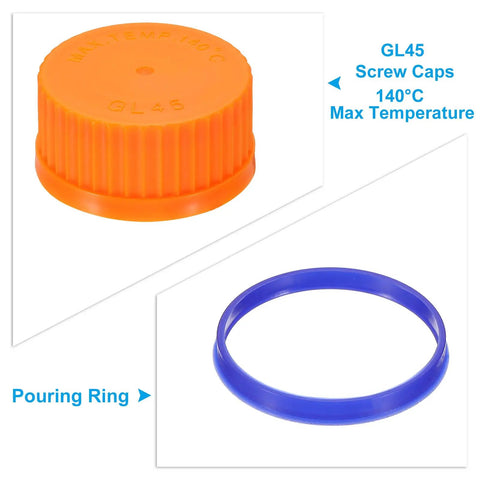 GL45 Screw Caps Set For Glass Media Bottles, 45mm, 10 Pack, Polypropylene Cover Seal Thread Caps With Orange Cap, Fits GL45 Bottles, Autoclavable Up To 140 C.