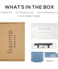 Box contents of Thirty Pack Matte Black Stainless Steel Cabinet Pulls Seven And Three Eighths Inch Length With Five Inch Center To Center Hole Spacing And Mounting Template for kitchen.