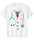 Lazy Doctor Halloween Costume T Shirt With White Lab Coat Look Funny Medical Staff Outfit With Stethoscope For Party Cute Medical Student Costume For Halloween And Birthday Bash.