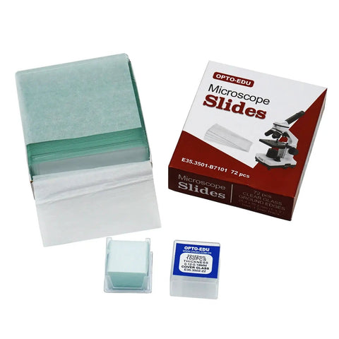 Pre Cleaned Microscope Slides And Cover Slips Set With 72 Blank Glass Slides 1 X 3 X 0.04 In And 100 22mm X 22mm Square Cover Glass Slips For Education Lab Work Optical Grade Glass Ready To Use, boxed and stacked