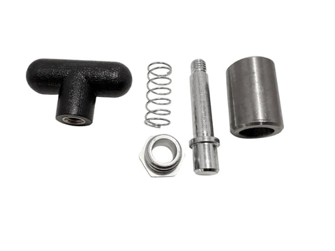 Rock Solid Half Inch T Handle Locking Pull Pin With Spring Loaded Release And Durable Nylon Grip parts including pin, spring, and handle.