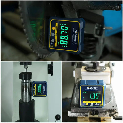 Killer Precision Digital Angle Gauge Featuring Rock Solid Magnetic Base And Crisp Backlit Display For Serious Woodworking Carpentry and DIY Garage Projects on a saw.