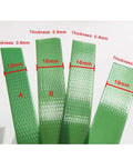 Rock Solid Pet Poly Strapping Roll, Heavy Duty Plastic Pallet Banding Coil with various thicknesses shown in green color.