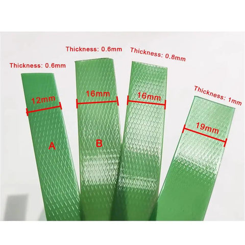 Rock Solid Pet Poly Strapping Roll, Heavy Duty Plastic Pallet Banding Coil with various thicknesses shown in green color.