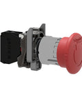 Schneider Electric XB4BS8442 emergency stop push button, red cap with chromium bezel, fits 22 mm cutouts, side view
