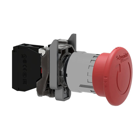 Schneider Electric XB4BS8442 emergency stop push button, red cap with chromium bezel, fits 22 mm cutouts, side view