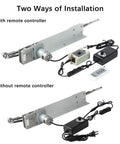 Two installation methods for Reciprocating Linear Actuator 24V With Adjustable Stroke, showing setup with and without remote controller.
