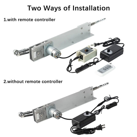 Two installation methods for Reciprocating Linear Actuator 24V With Adjustable Stroke, showing setup with and without remote controller.