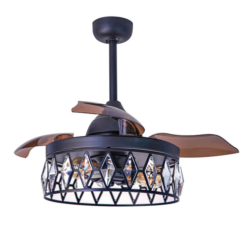 36 Inch Matte Black Crystal Ceiling Fan With Light And Remote, 3 Retractable Blades, Modern Fandelier Style, Indoor Use