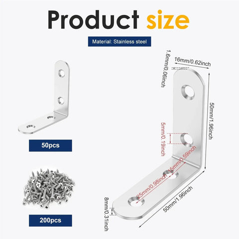 50 Piece Kickass Stainless Steel L Shaped Corner Brackets Heavy Duty 90 Degree Right Angle Support Hardware showing dimensions and features