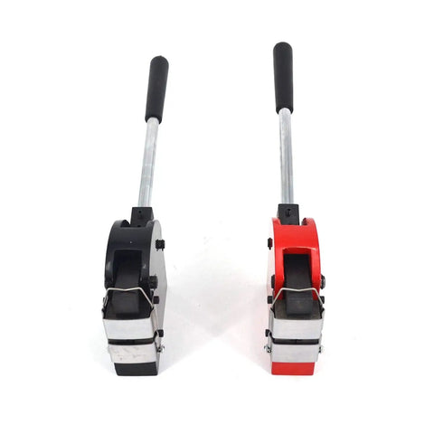 Hand Operated Shrinker And Stretcher Metal Shaping Tool With Two Jaws For Auto Body Motorcycle And Aviation Sheet Metal Repair Easy Shrink And Stretch For Wheel Openings Door Jams And Trunk Gutters, two handheld tools with black and red grips.
