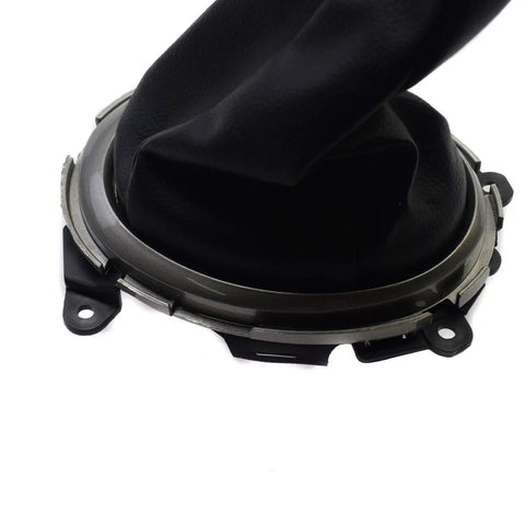 Black Stitched Shift Boot For 2009 To 2011 Honda Fit 1.5L Direct Replacement Easy Install Durable Car Interior Trim Cover With Precise Fit Oem Style Look, base view with mounting bracket.