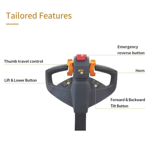 Control panel of Full Electric Apollo Counterbalanced Stacker including lift buttons and emergency reverse feature.