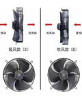 Side and front view of Beefy Industrial Axial Air Fan for Machinery Cooling, Four Blade, 500 Series Range YSWF102-4 to YSWF138-4-630.