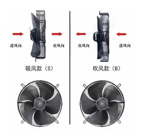 Side and front view of Beefy Industrial Axial Air Fan for Machinery Cooling, Four Blade, 500 Series Range YSWF102-4 to YSWF138-4-630.