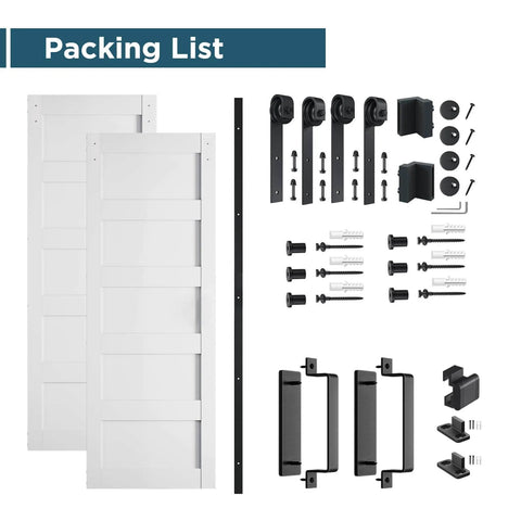 Solid Wood Paneled Double Sliding Barn Door System With Hardware Kit Set Includes Two Forty Inch Doors For Space Saving Room Divider
