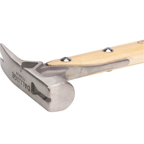 16oz Titanium Framing Hammer With Magnetic Nail Holder And Smooth Face, focusing on titanium head and hickory handle close-up.