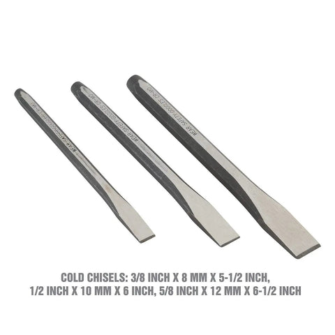 11 Piece Punch And Chisel Set For Metalworking Pro Grade Tools, three cold chisels in varying sizes displayed