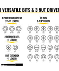 Chart showing 26-Piece Impact Driver Bit Set with nut drivers and screwdriver bits, including dimensions and types.