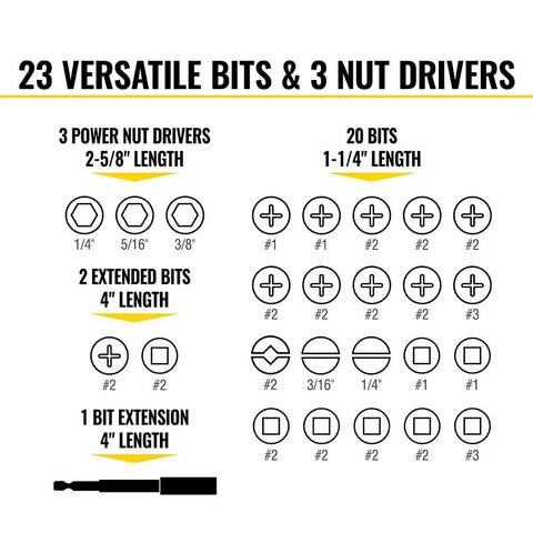Chart showing 26-Piece Impact Driver Bit Set with nut drivers and screwdriver bits, including dimensions and types.