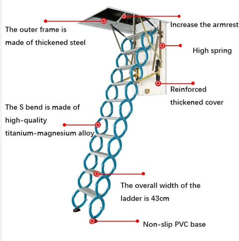 Top Tier Electric Attic Ladder With Remote Operation Ceiling Pull Down Stairs Telescopic Folding Loft Access showing features and labeled materials.
