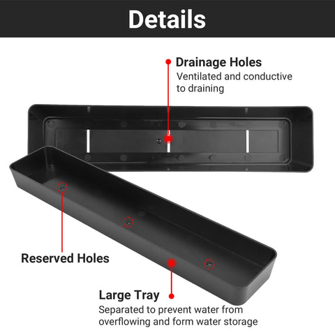 3 Pack 16x3.8 Inch Window Box Planters With Drainage Holes And Trays, Black Rectangular Plastic Pots, showing drainage holes and trays
