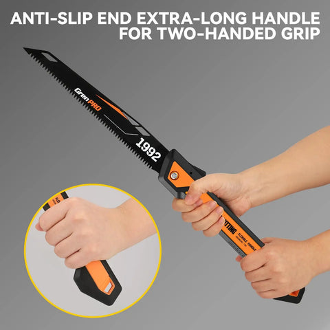 Folding Pruning Saw With 7 Inch SK5 Steel Blade Triple Ground 7TPI Teeth 3 Angle Lock Non Slip Handle Portable Hand Saw For Tree Trimming Camping Gardening Landscaping shown in use with anti-slip handle.