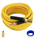 Grip And Go Hybrid Air Hose 3/8 Inch X 25 Feet With Quick Connect Fittings, yellow flexible line with adapters and tape.