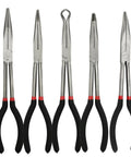 Five Piece 11 Inch Precision Long Nose Pliers Set With Insulated Comfort Grips, straight to 90 degree tips, durable carbon steel