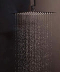 Badass Matte Black Ceiling Mount Shower System With Digital Display Mixer Tap And Ultra Thin Rainfall Head with flowing water.