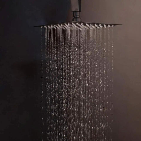 Badass Matte Black Ceiling Mount Shower System With Digital Display Mixer Tap And Ultra Thin Rainfall Head with flowing water.