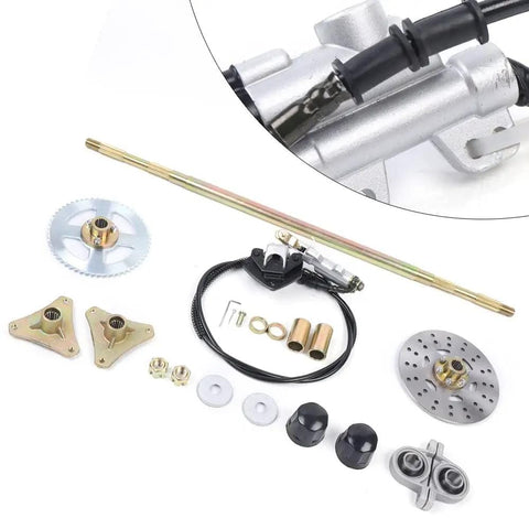 DIY 29 Inch Rear Axle Assembly Kit For Go Karts And Mini Bikes with live axle, wheel hub, brake assembly, and pillow blocks.