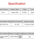 Specification table for Inductive Proximity Sensor Switch Non Shield Type With 15mm Sensing Distance NPN Normally Open 3 Wire 10 To 30V DC