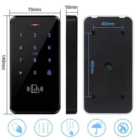 Front and back view of Outdoor Door Access Control System Kit IP68 Waterproof RFID Keypad Card Reader, shown with dimensions.