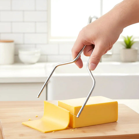 Heavy Duty Stainless Steel Cheese Slicer Wire And Y Type Cutter With Twist Lock, slicing yellow cheese at kitchen counter.