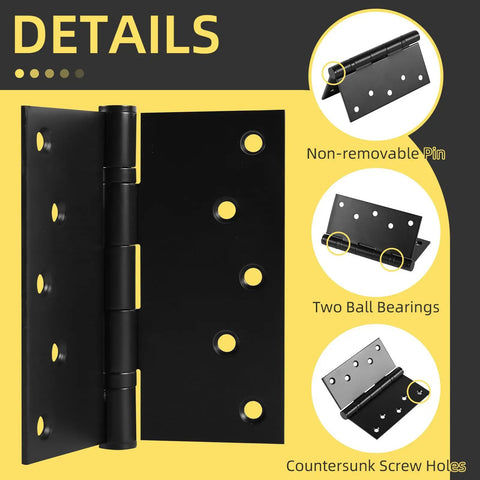 Beefy 5 Inch Stainless Steel Door Hinges With Ball Bearing For Exterior And Interior Doors Square Corner Five By Five Inch Black Finish Heavy Duty Commercial Grade Hinges Built To Last 4 Pack, black hinge detail