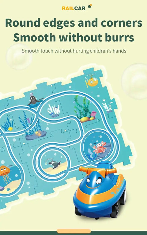 4 In 1 Puzzle Racer Car Track Set For Kids with smooth blue puzzle pieces and toy car, builds hand-eye coordination.