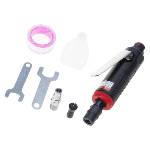 Professional 90 Degree Angled Air Powered Die Grinder with accessories including wrenches and connectors for rust stripping and engraving.