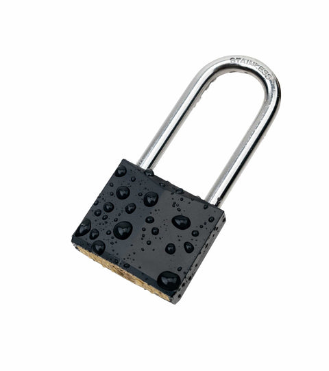 Outdoor Rustproof Covered Brass Padlock With Stainless Steel Long Shackle Keyed Lock showing water droplets for weather resistance
